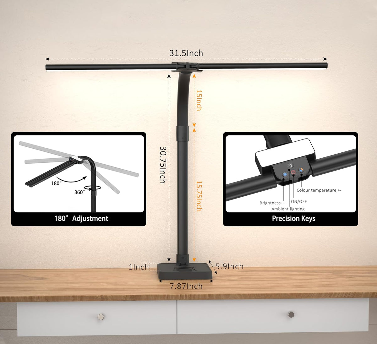 Double Head LED Desk Lamp, Architect Desk Lamps for Home Office, 24W Brightest Workbench Office Lighting-5 Color Modes and 5 Dimmable Eye Protection Modern Desk Lamp (Black-Desktop, Big)