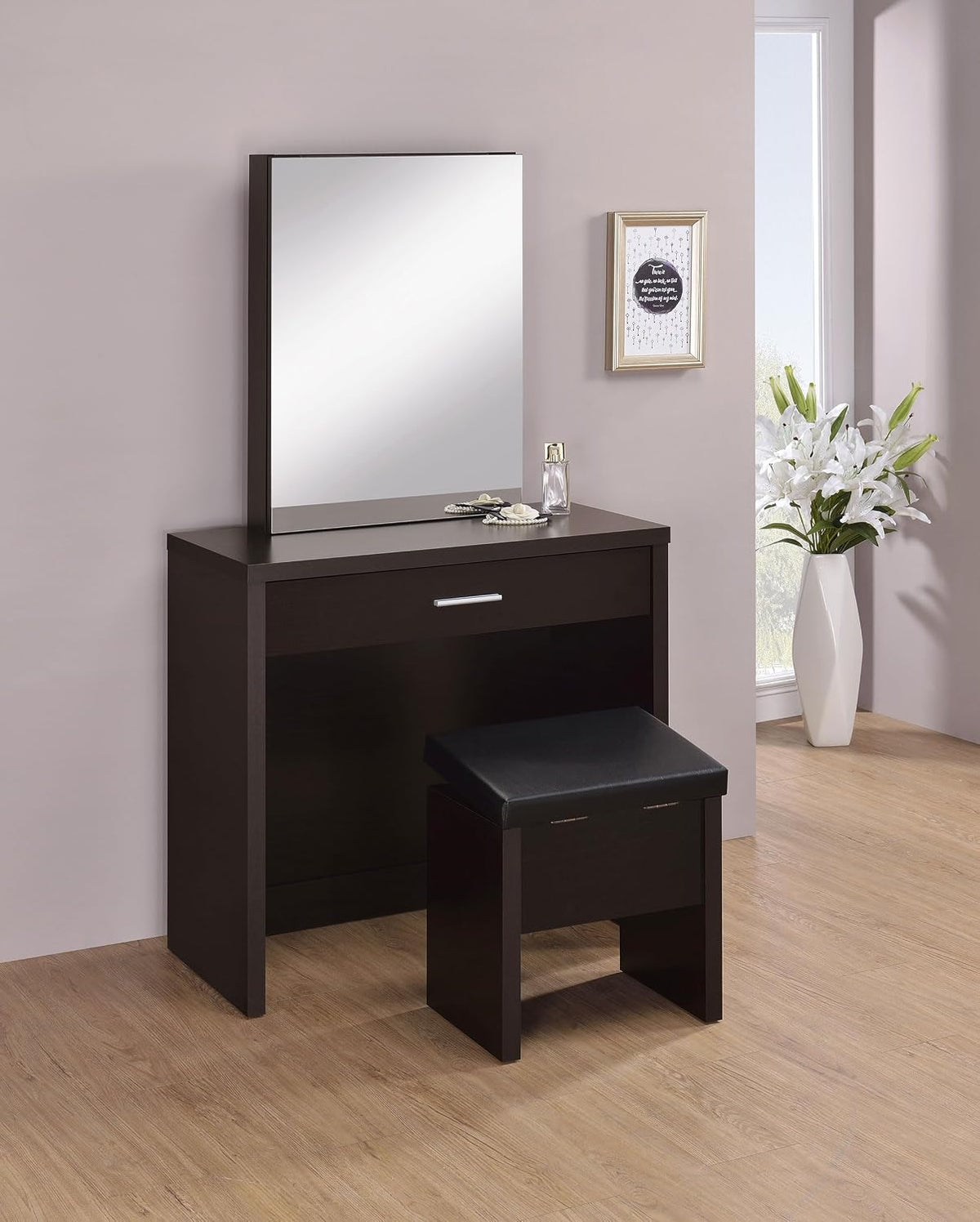 Coaster Home Furnishings Harvey Contemporary 3-Piece Vanity Desk Makeup Table Set with Storage Mirror and Vanity Stool Cappuccino 300289