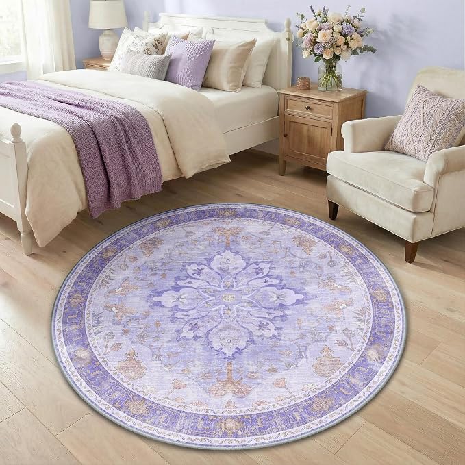 RELEANY Area Rugs Round 4ft Washable Non-Slip, Floral Vintage Distress