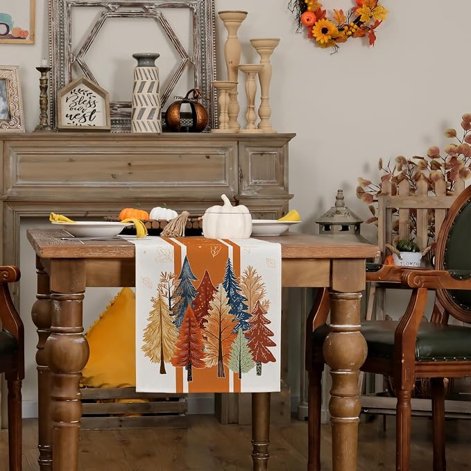 Fall Watercolor Trees & Maple Leaves Striped Table Runner 13x108 Inch, Rustic