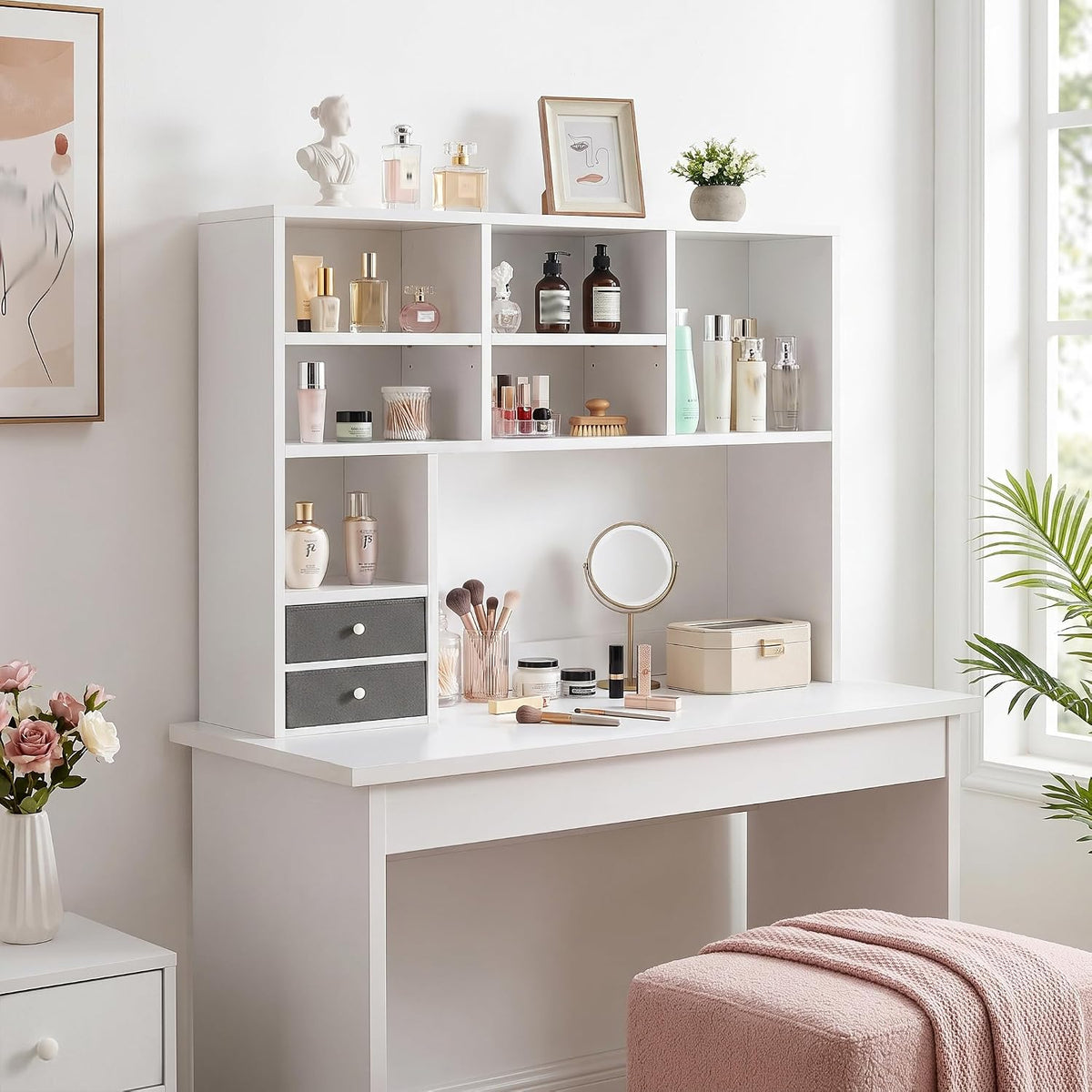REIBII Desktop Bookshelf, 8 Shelves Desk Hutch for Dorm Room, White