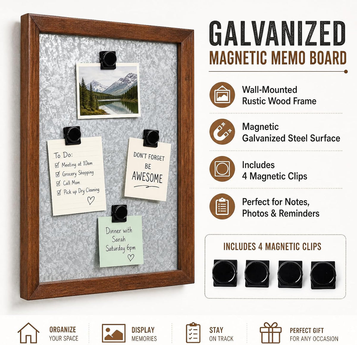 Large Rustic Metal Magnetic Board with Frame 16.5" x 11.8" Farmhouse Barn Door Wood Framed Galvanized Metal Magnetic Memo Board Wall Organizer Farmhouse Wall Decor(Classic Framed)