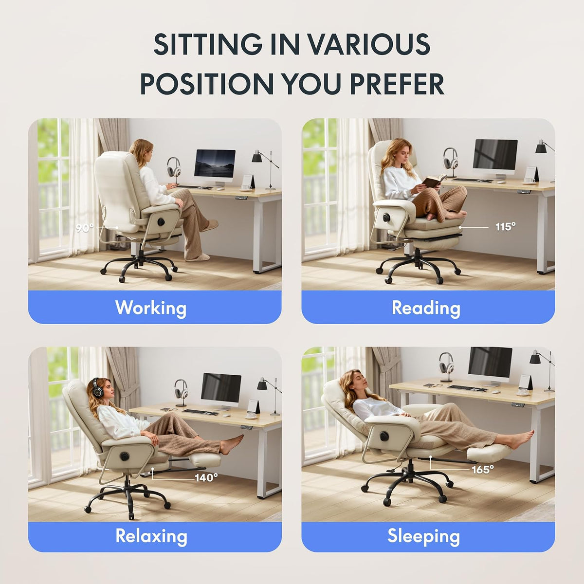 FLEXISPOT HC4 2-in-1 Chaise Lounge Chair Indoor, PU Leather, Beige White