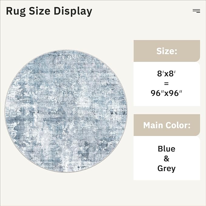 Soalmost 8x8 Blue/Grey Round Rug 8ft Living Room Circle Rug Vintage Round Area