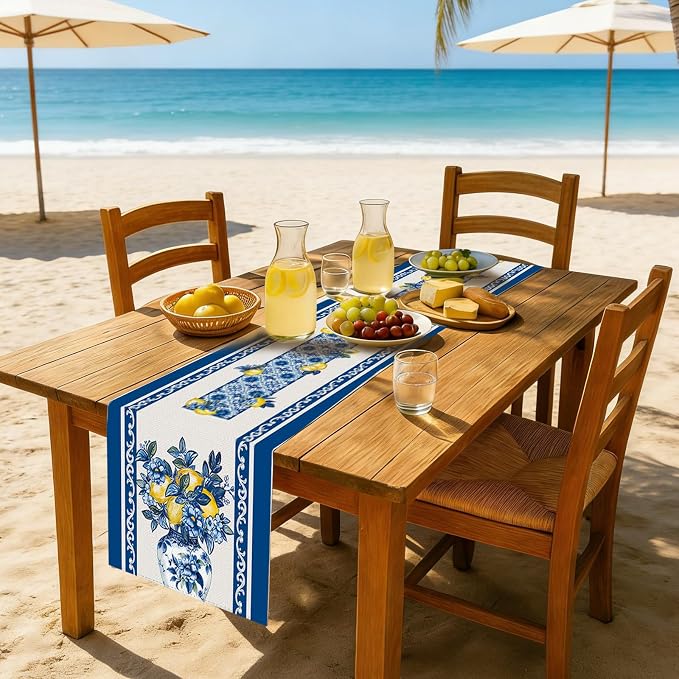 Summer Amalfi Coast Lemon Floral Table Runner Flowers Burlap Table Runners