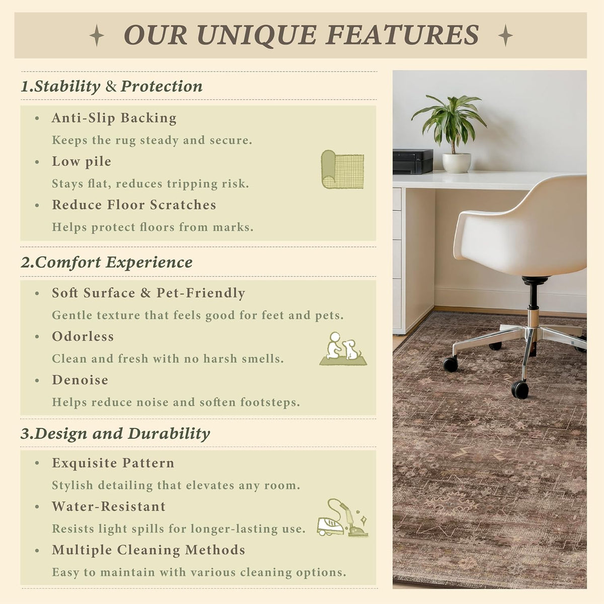 JTJ Desk Chair Mat for Hardwood & Tile Floors, 36" x 48" Vintage Office Rug