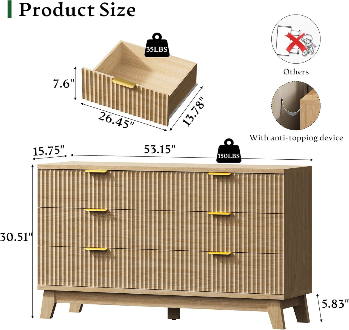 Xixini Fluted Dresser with 6 Drawers, 54" Wide Modern Chest of Drawers with Metal Handle, Wooden Dresser TV Stand, Wood Closet Clothes Storage Organizer for Bedroom, Living Room, Hallway, Natural Oak