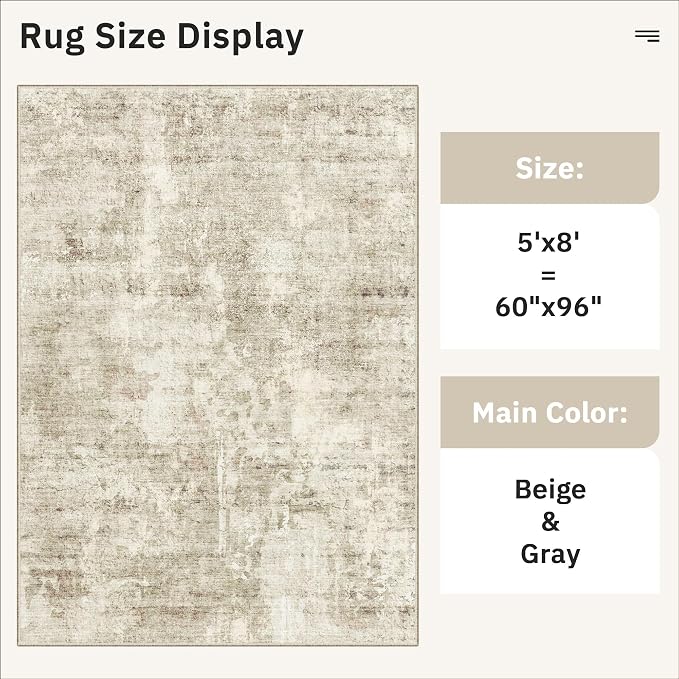 Soalmost 5x8 Area Rugs Beige Gray Low Pile Indoor Washable Trendy Faded Style