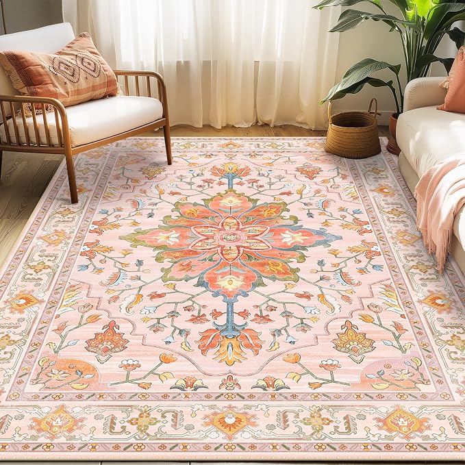 RELEANY Area Rugs 5'x7' Washable Non-Slip, Floral Vintage Distress Medallion