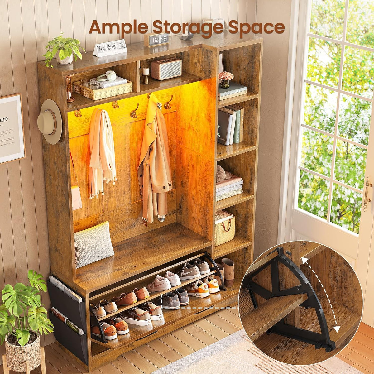 Itaar Hall Tree with Bench and Shoe Storage, Farmhouse Entryway Bench with Coat Rack, Shoe Cabinet with Flip Drawers, 7 Shelves, 10 Coat Hooks, Storage Bag, Led Lights, Rustic Brown