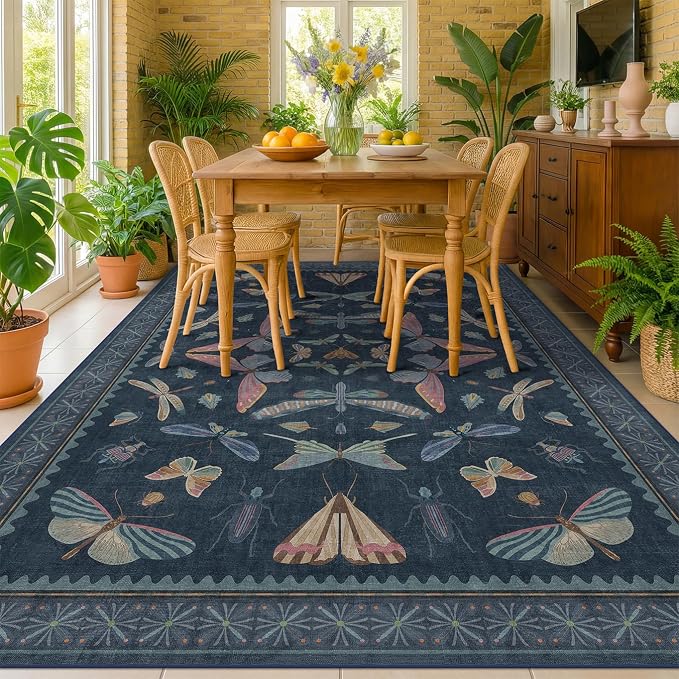 Navy Blue 6x8 Boho Rug for Living Room, Stain Resistant Non Slip Area Rug for