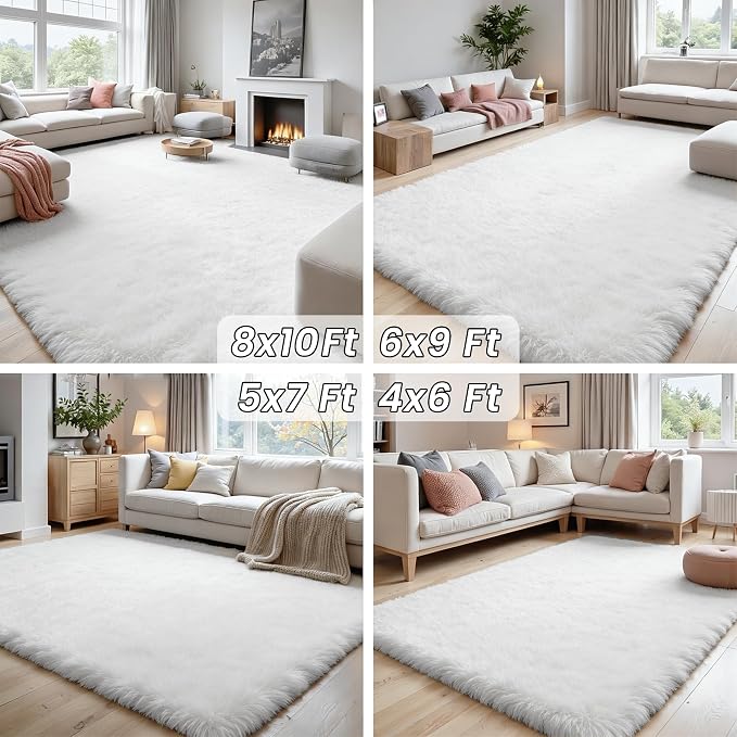 5x8 Area Rugs for Living Room: Soft Fluffy Shag White Rugs for Bedroom