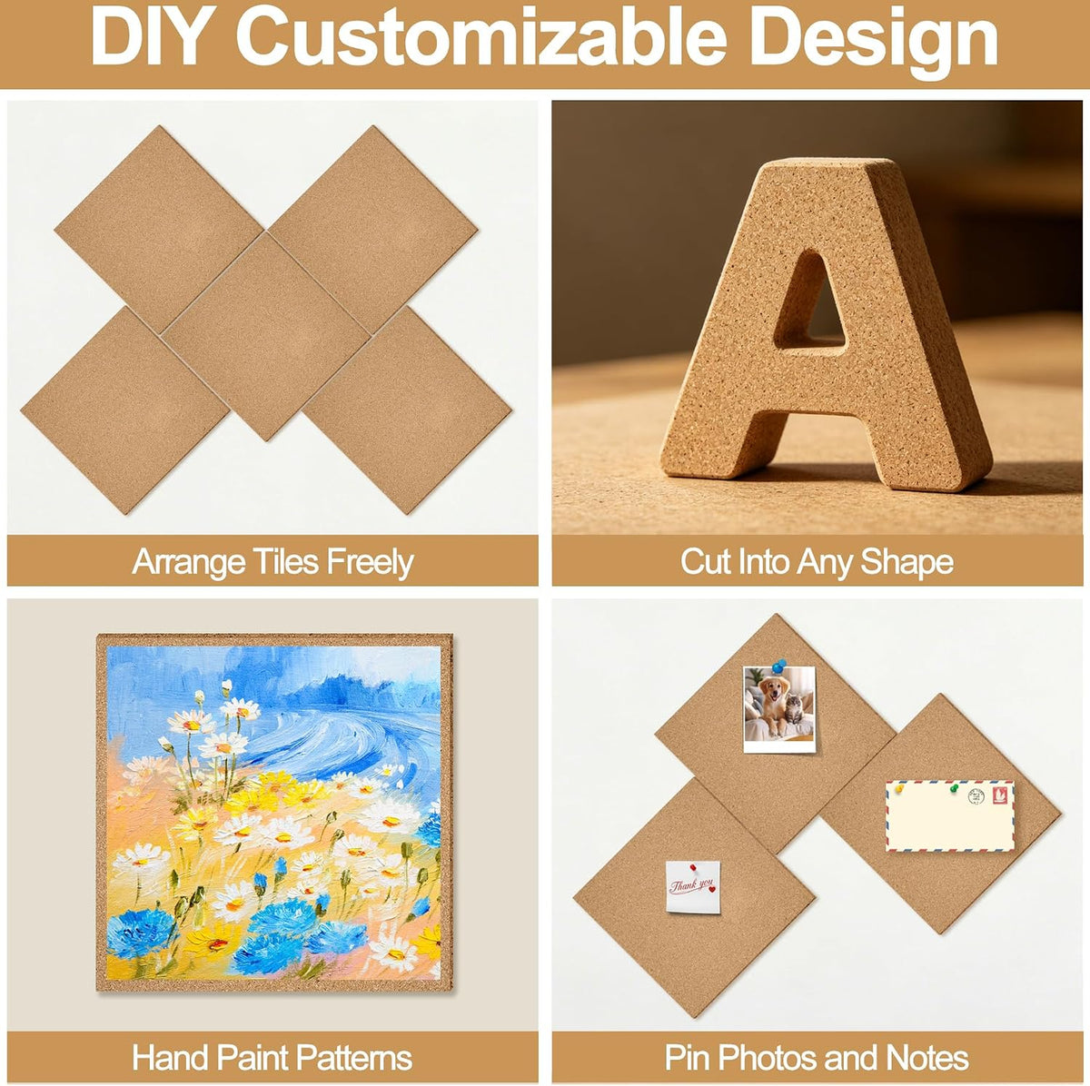 12"x12" Cork Board Tiles, 8 Pack Adhesive Square Bulletin Boards for Walls
