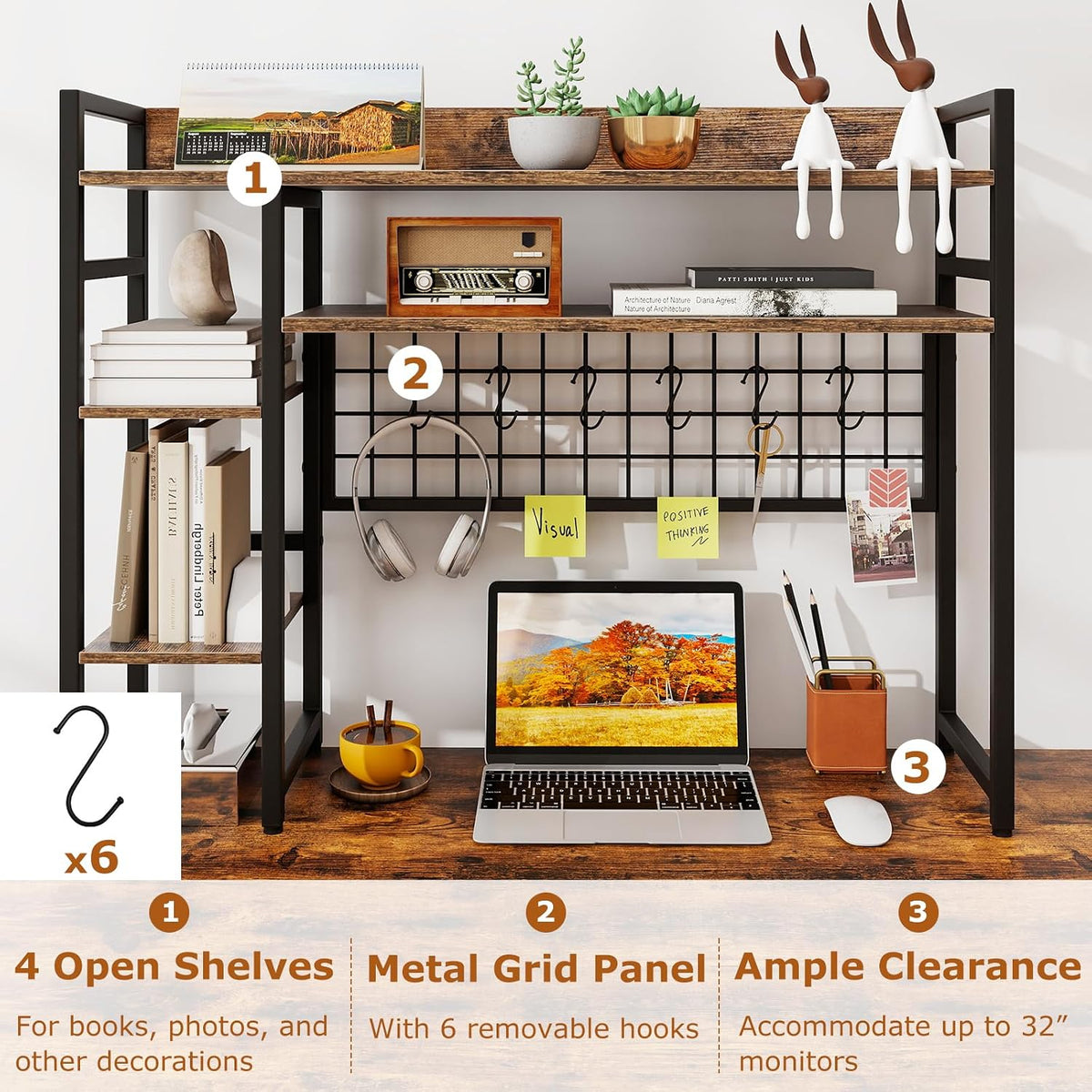 GOFLAME Desktop Bookshelf, 37 Inch Desk Shelf for Computer Monitor, 4-Tier Desk Hutch with Grid Panel 6 Hooks Set, Industrial Countertop Storage Organizer Shelf for Home Office, Dorm (Rustic Brown)