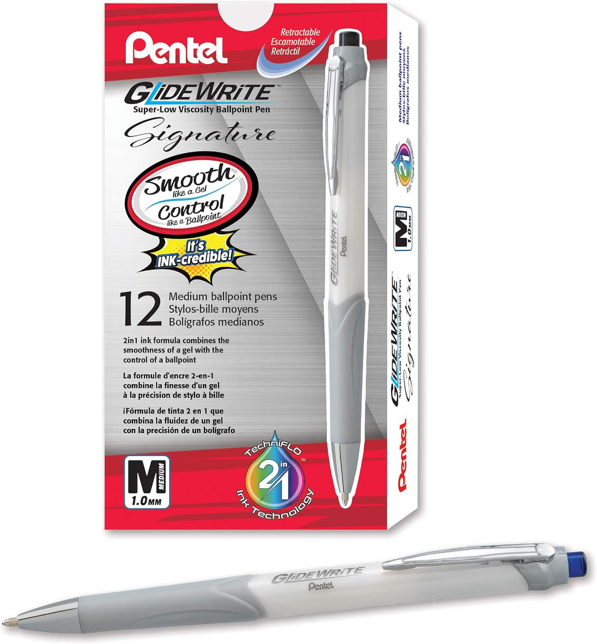 Pentel Glidewrite Signature Ballpoint Pen, Pearl White Barrel, (1.0mm) Medium Line, Blue Ink, 12 Pens (BX930W-C)