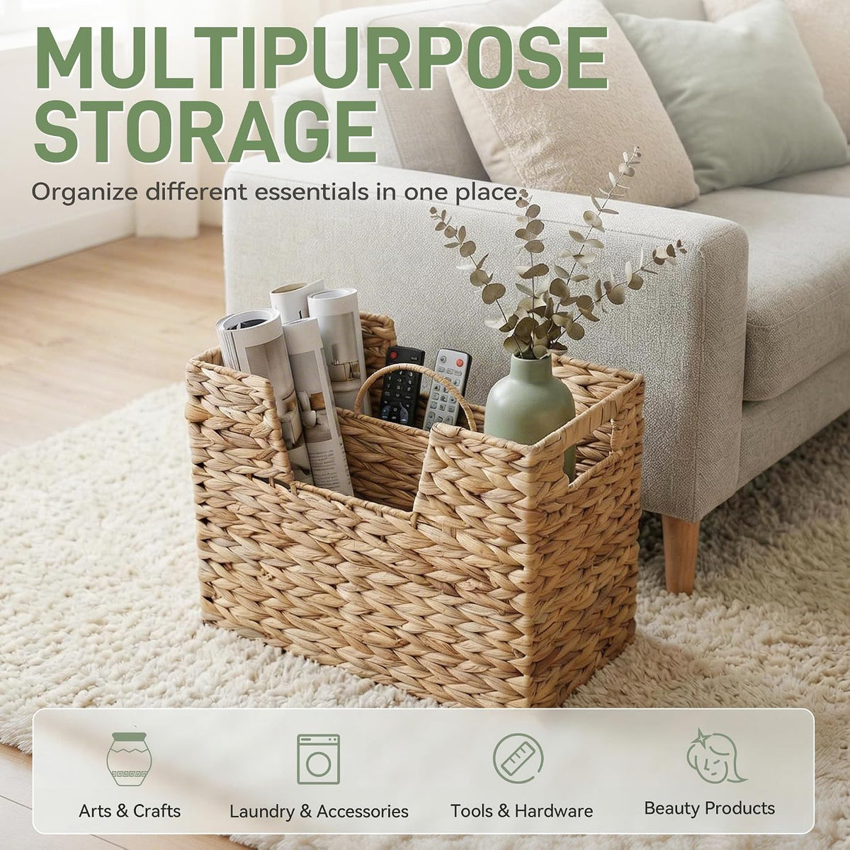 Wicker Magazine Basket with Handle, 2 Compartments