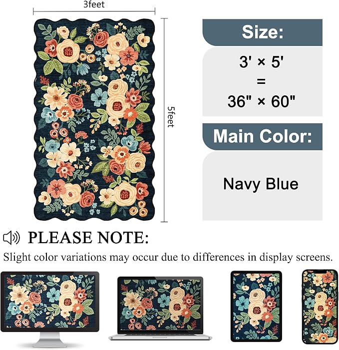DUKINO 3x5 Area Rug, Floral Non-Slip Indoor Washable Rug