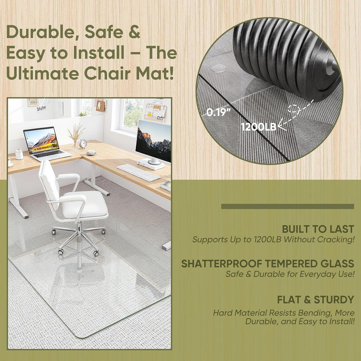 46" x 55" Glass Chair Mat for Carpet, 0.2" Thick Office Chair Mat