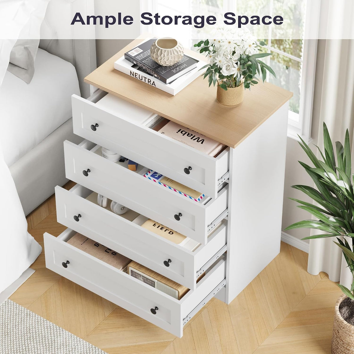 Furnify 4 Drawer Dresser, White Dresser Modern Storage Chest of Drawers, Farmhouse Storage Cabinet Organizer with 4 Drawers for Living Room, Entryway, Hallway, White