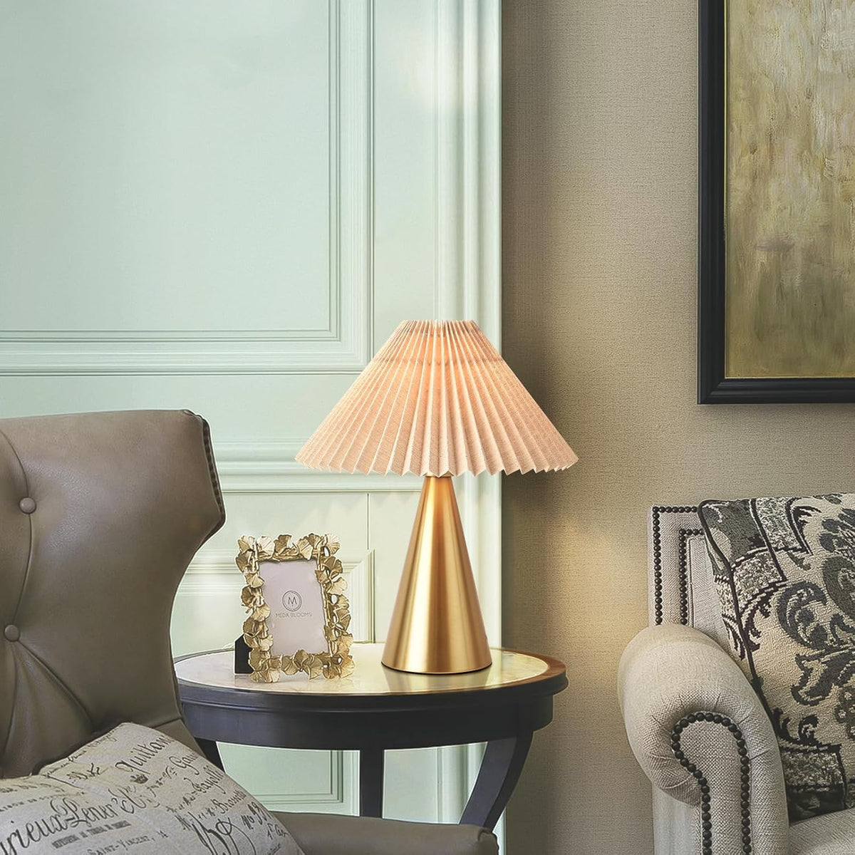 Ziqqeelam Gold Small Table Lamp, Cute Table Lamp, Pleated Table Lamp,Brass Gold Bedroom Lamps for Nightstand, Small Scalloped Lamp Shade Table Lamps for Small Spaces for Bedroom,Living Room