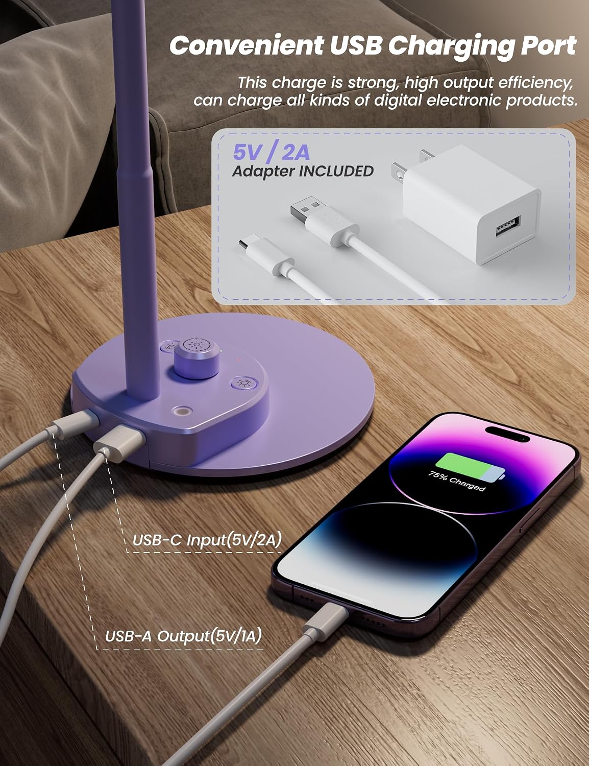 BOHON LED Desk Lamp with USB Charging Port, 3 Color Modes Dim, Lilac Purple