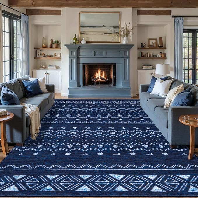 SERISSA 9x12 Area Rugs for Living Room, Washable Non-Slip Blue and White Boho