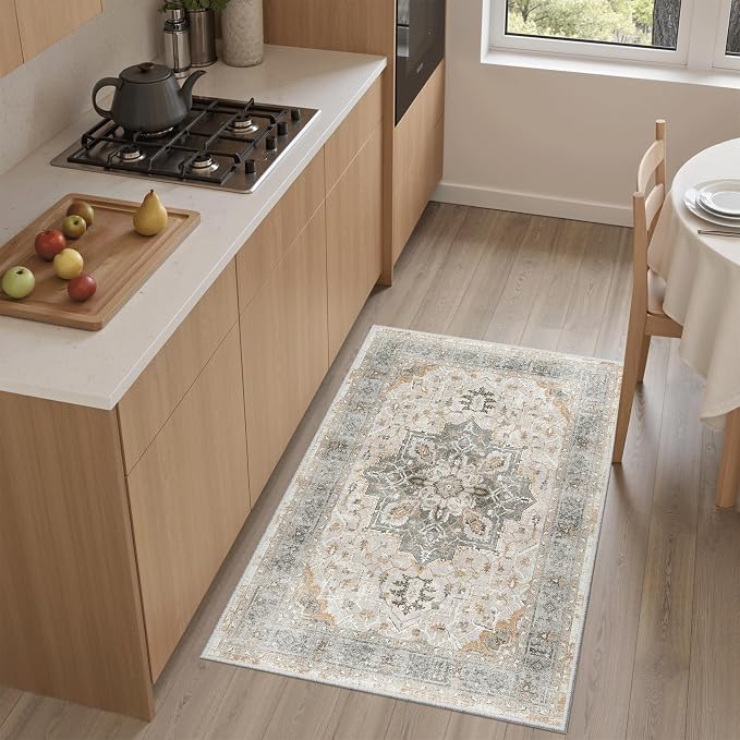 Madane Washable Area Rug 2x3, Small Entryway Rug Non-Slip Vintage Door Mat