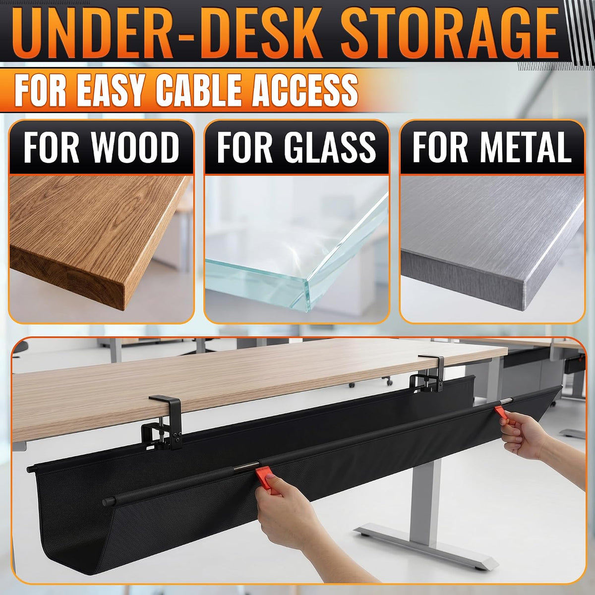 Under Desk Cable Management Tray 48" — No Drill Clamp-On Cord Organizer for Desk with Built-in Ties, Heavy Duty Metal Clamp, Foldable 600D Oxford Fabric for Home Office, WFH & Gaming PC Setup (Black)