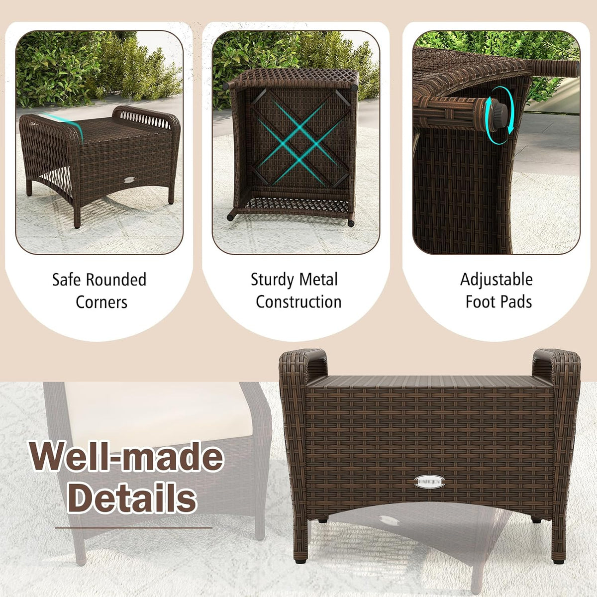 HAPPYGRILL 2-Piece Patio Wicker Ottomans with Removable Cushions, Outdoor Rattan Footrest Side Table for Porch, Garden and Backyard (Beige)