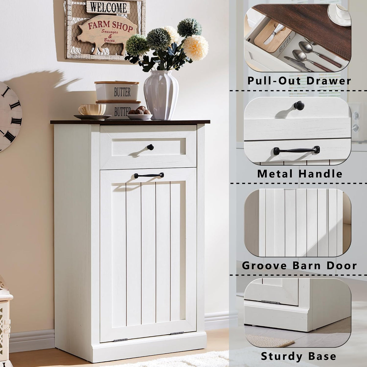 IFGET Tilt Out Trash Can Cabinet, Trash Cabinet w/Drawer, Antique White