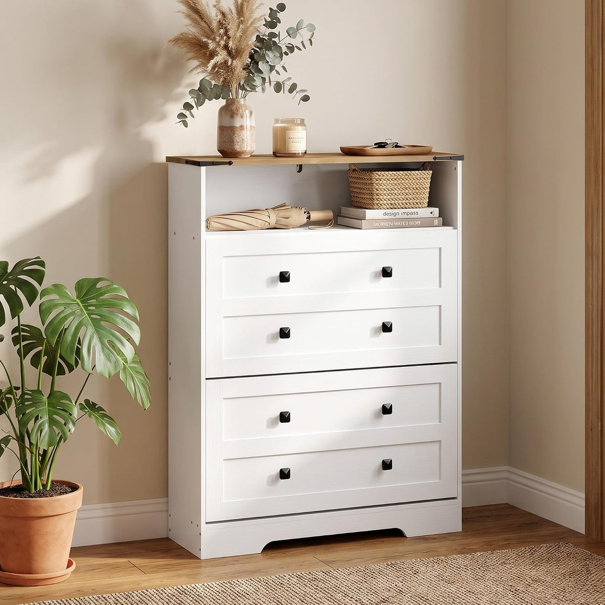 HOMCOM Shoe Cabinet with 2 Flip Drawers, Narrow, Adjustable Shelves, White