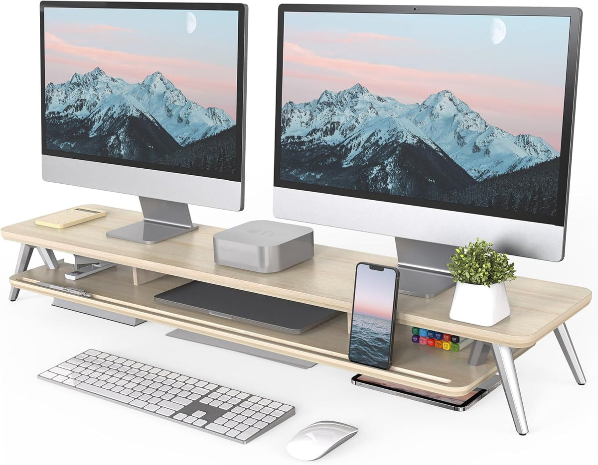 Fenge Dual Monitor Stand Riser, Wooden Desk Shelf with 2-Tier Storage