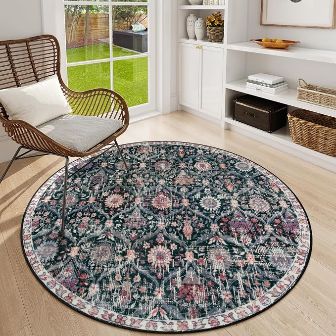 Lahome Moroccan Trellis Washable Round Rugs, Non-Slip Soft Round Rug 4ft