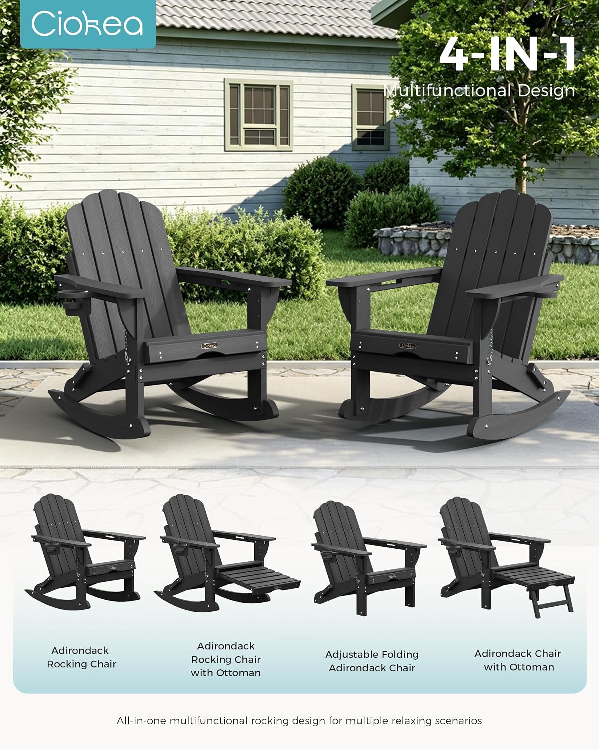 Ciokea Rocking Adirondack Chairs Set of 2 with Footrest (Dark Grey)