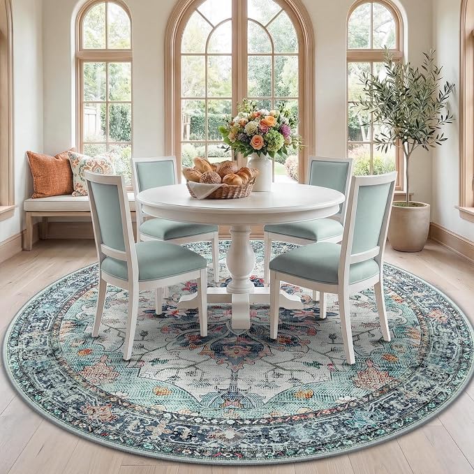 RELEANY Area Rugs Round 7ft Washable Non-Slip, Floral Vintage Distress