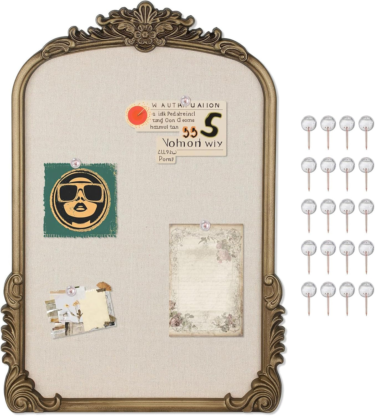 Arch Fabric Pin Board, 19" x 27" Vintage Bulletin Board with Gold Frame