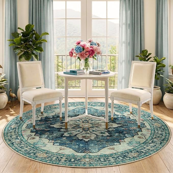 RELEANY Area Rugs Round 5ft Washable Non-Slip, Floral Vintage Distress