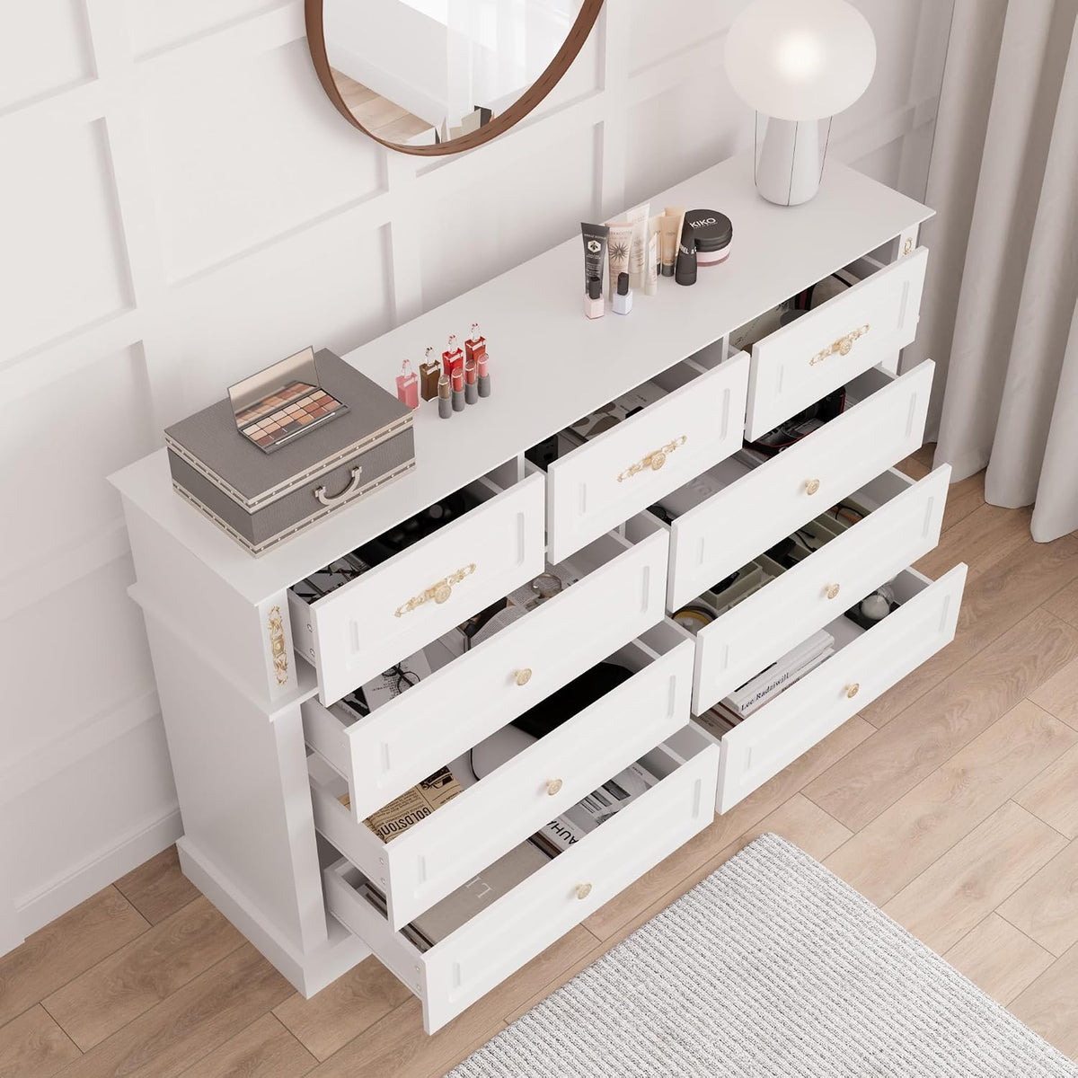 Bobve 63Wx39H Large Dresser White,9 Drawers Dresser for Bedroom,Retro Chest of Drawers with Gold Knobs, Wooden Storage Dressers, Bedroom Storage Organizer for Closet, Living Room, Hallway