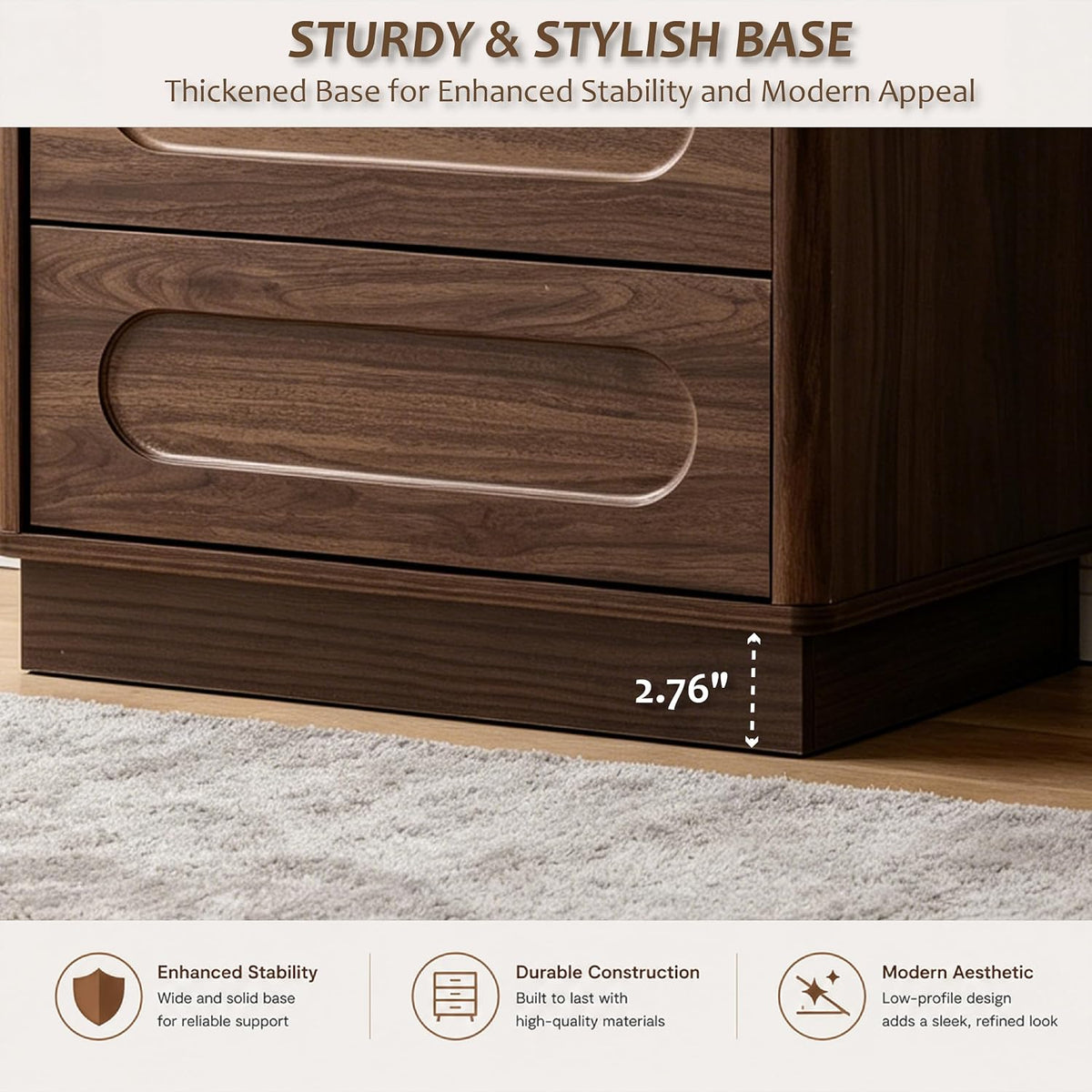 Aoikax Modern 3 Drawer Nightstand X 2P with Push-to-Open Drawers, Mid-Century Bedside Table with Raised Base for Bedroom, Oval Groove Panel Front, Dark Walnut Color