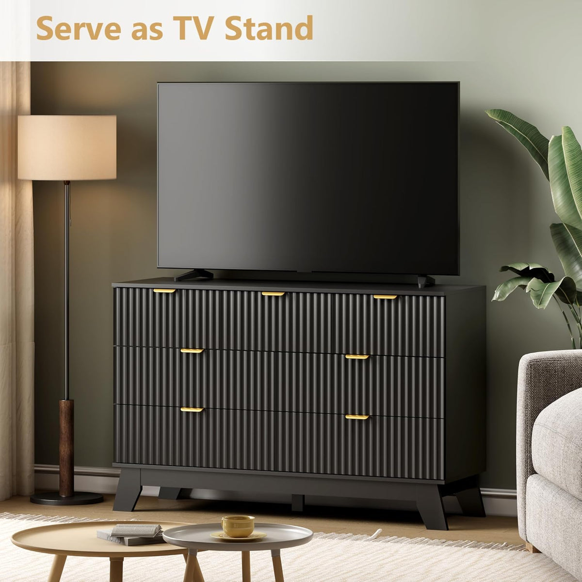 Wodeer 7 Drawer Fluted Dresser for Bedroom, Mid Century Modern Dresser with 7 Drawers, Dressers & Chests of Drawers with Metal Handle, TV Stand & Storage Organizer for Entryway, Hallway, Black