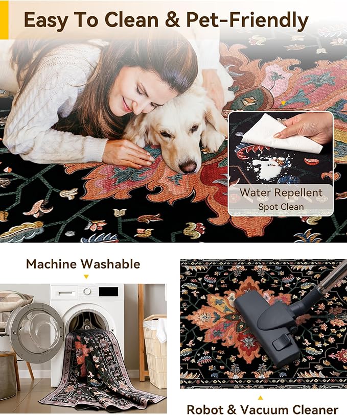 RELEANY Area Rugs Square 6ft Washable Non-Slip, Floral Vintage Distress