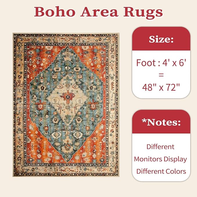 SERISSA Bedroom Rug 4x6 Boho Tribal Rug, Vintage Washable Area Rugs Non Slip