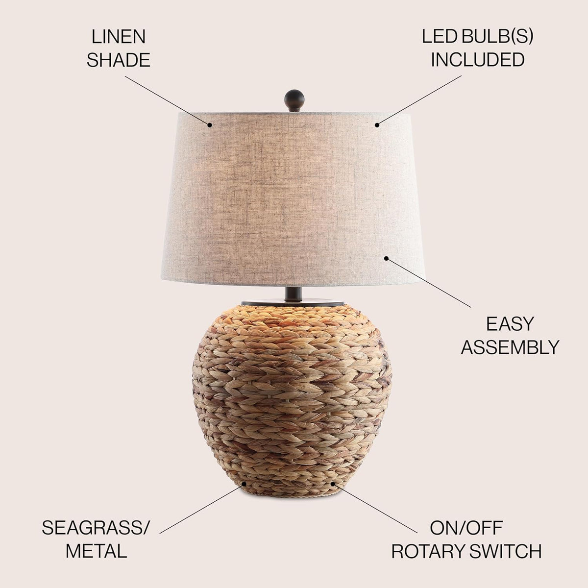 JONATHAN Y Alaro Table Lamp Woven Water Hyacinth Basket 24.5", Natural