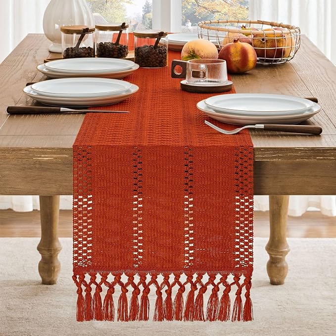 Macrame Style Boho Table Runner, 12x90 Inch Dark Orange | Woven Boho Table