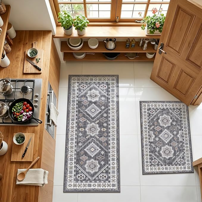HEBE Boho Kitchen Rugs Sets of 2, Non Slip Washable Kitchen Mats