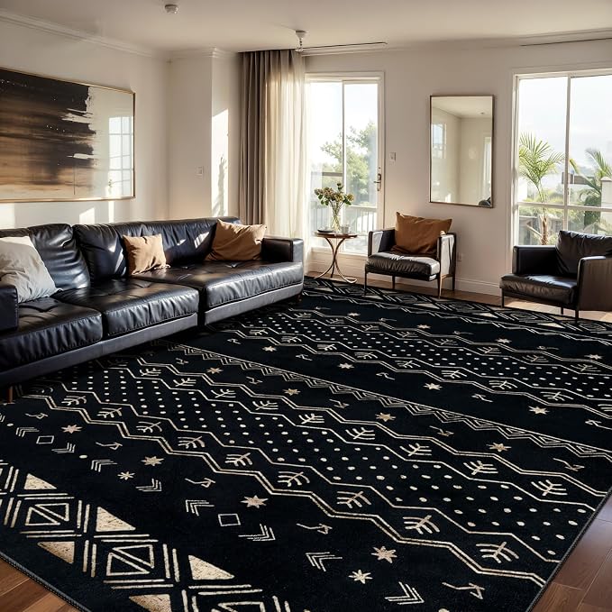 SERISSA 8x10 Area Rugs for Living Room, Washable Non-Slip Black Gold Grad Boho