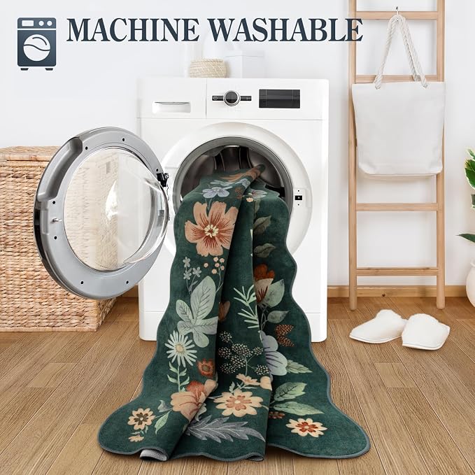 Lahome Floral Washable Rug- 4x6ft Green Bedroom Girls Ultra-Thin Soft Living