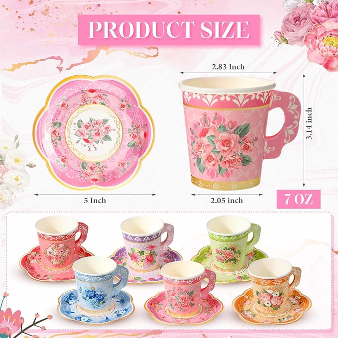 Nuogo 300 Pcs Floral Paper Tea Cups and Saucers 7 OZ Disposable Cups
