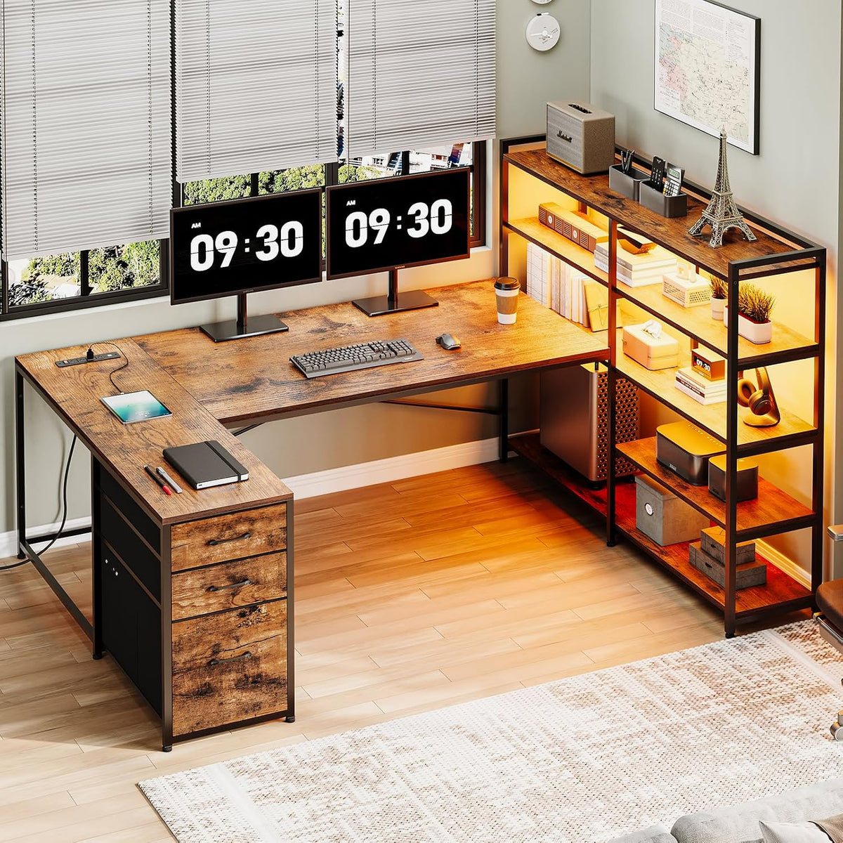 SEDETA 64.5" Reversible L Shaped Office Desk with Storage Drawers, Shelves