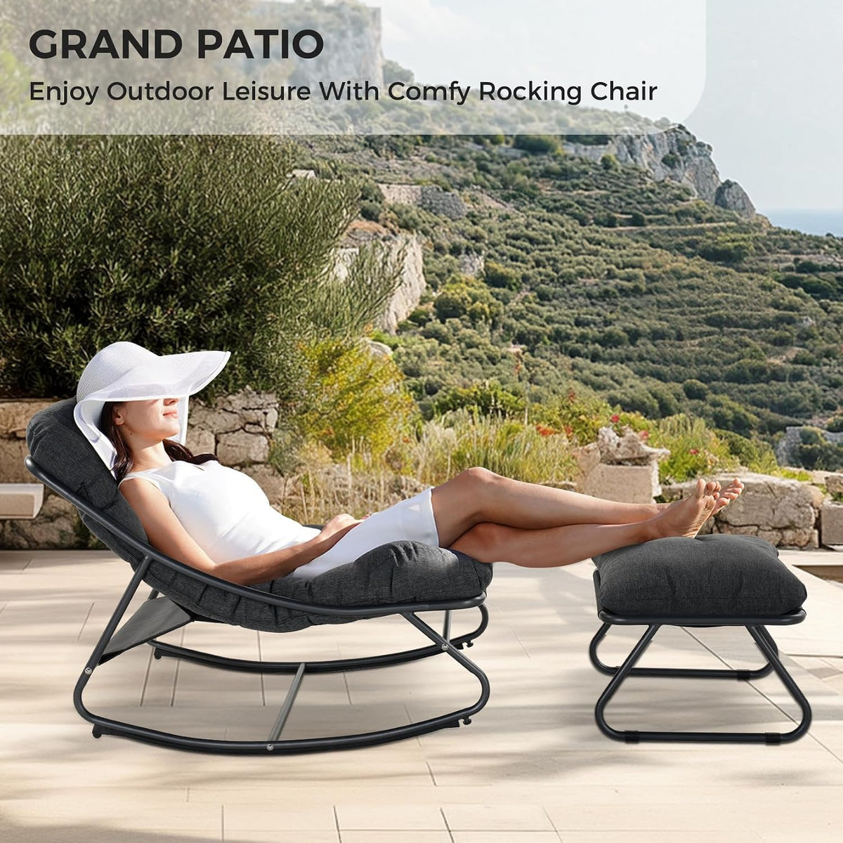 Grand patio Rocking Chair with Footrest for Indoor & Outdoor, Dark Grey